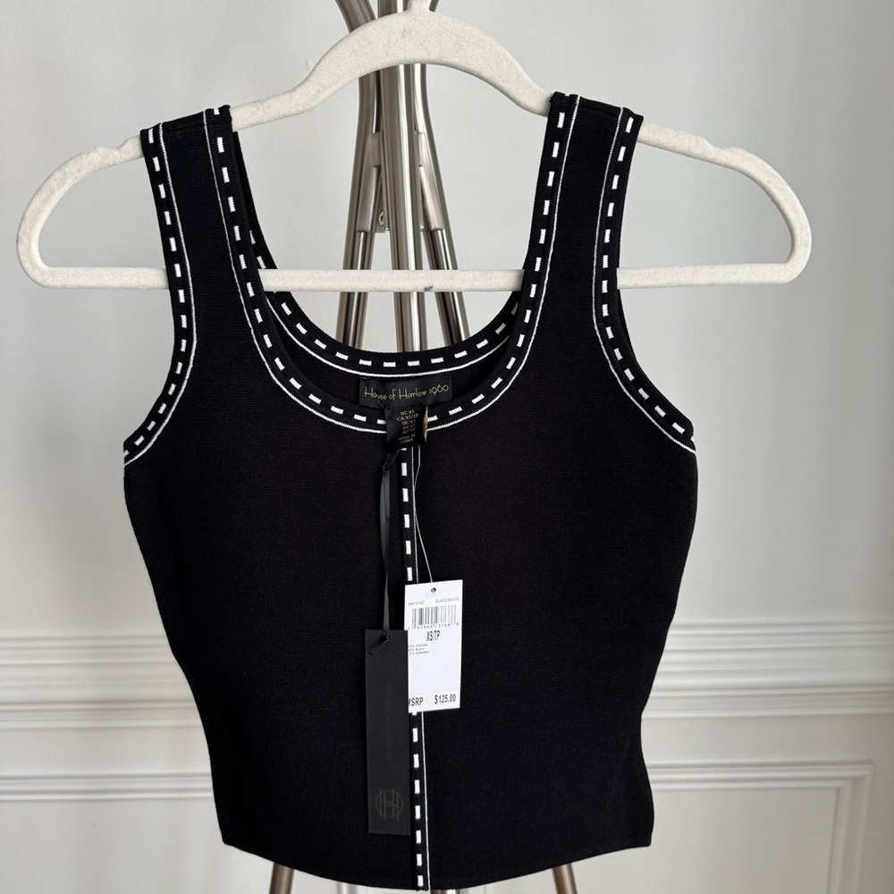 NWT House of Harlow 1960 Black Tank Top with White Stitch Trim Detail XS